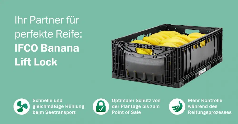 Der Banana Lift Lock-Behälter verbessert die Nachhaltigkeit entlang der kompletten Lieferkette, erhöht die Effizienz durch seine Kompatibilität mit anderen IFCO Mehrwegbehältern und bietet ein innovatives Design für Belüftung und Schutz der transportierten Bananen. | Grafik: IFCO