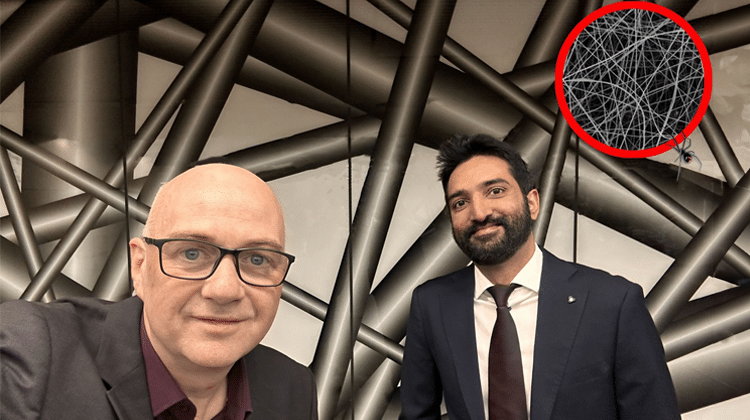 Günther Rupprechter und Qaisar Maqbool vor einer Visualisierung der Nano-Gewebe | Foto: TU Wien