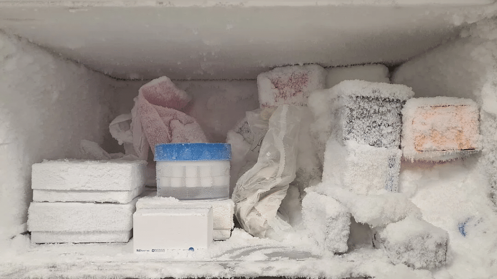 Dieser Ultra-Tiefkühlschrank muss nicht etwa abgetaut werden. Bei minus 80 Grad Celsius friert Kohlendioxid aus der Luft aus und bildet feine Kristalle. | Foto: TU Berlin, W. Richter