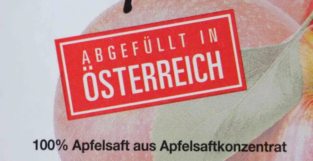 Dieser Aufdruck besagt, dass der Saft in Österreich abgefüllt wurde. Die Herkunft des Apfelsaft-Konzentrates lässt sich daraus jedoch nicht ableiten. | Foto: LK-Stmk/Musch